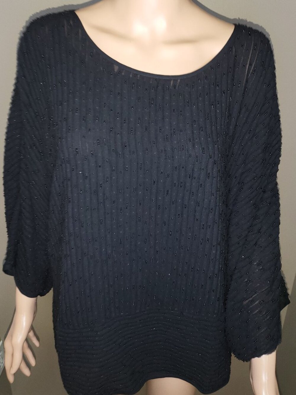 Eileen Fisher Black Beaded Textured Tunic Top XL Dolman Sleeve Sheer Overlay